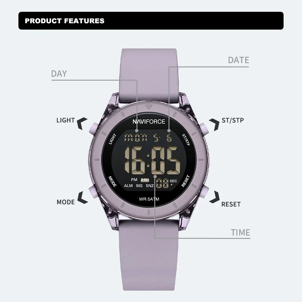 NAVIFORCE NF7108 Casual Wild Ladies Watch 50m Waterproof LCD Digital Display Electronic Silicone Strap Female Clock