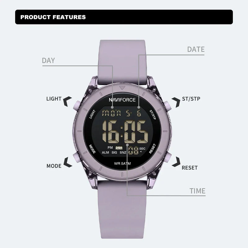 NAVIFORCE NF7108 Casual Wild Ladies Watch 50m Waterproof LCD Digital Display Electronic Silicon Strap Female Clock