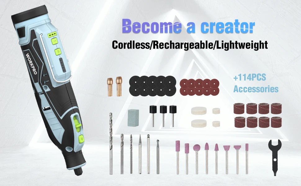 WORKPRO 12V Cordless Rotary Tool With Charger 5-speed 2.0Ah Mini Electric Grinder Machine Polishing Tools  & 114 Accessories