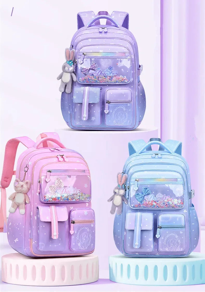 Primary Bow Knot Schoolbag With Rabbit Pendant For Girls Orthopaedics Kids Backpack Kawaii Waterproof School bag