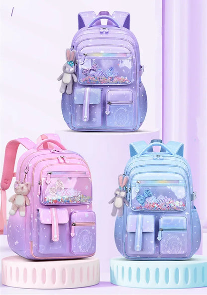 Primary Bow Knot Schoolbag With Rabbit Pendant For Girls Orthopaedics Kids Backpack Kawaii Waterproof School bag