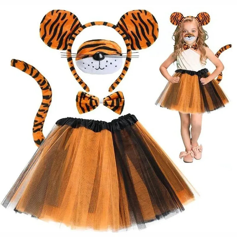 Animal Cat Tiger Cosplay Costume for Boys Girls Headband Clothes Shoes Tail Tutu Skirt Gloves Set for Kids School Performance