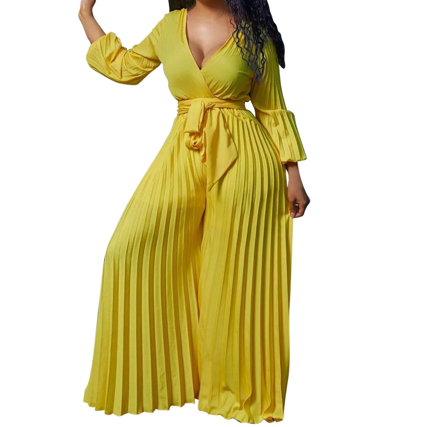 Summer Overalls for Women Sexy Deep V Neck Long Sleeve Jumpsuit with Belt Casual Loose Wide Leg Pants Rompers Oversized Outfits