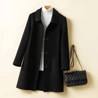 Abrigo de invierno de longitud media para mujer, color liso, cuello vuelto, botonadura sencilla, abrigo formal grueso para uso diario en la calle.