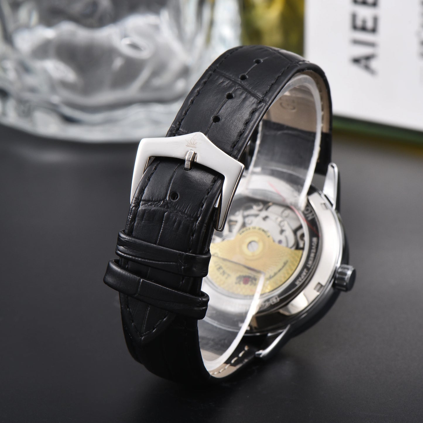 Orient Sun & Moon Semi Skeleton Automatic Watch Men's White Dial Black Leather Strap Sapphire Crystal 50M Waterproof Dress Watch