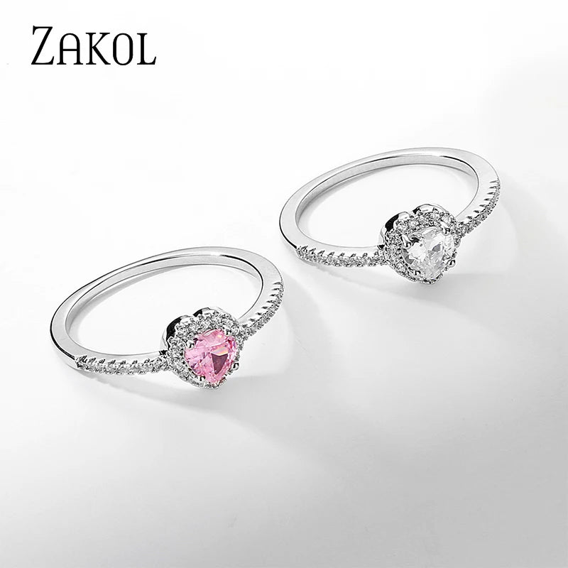 Anillos de compromiso ZAKOL con corazón rosa romántico y circonita cúbica para mujer, anillos de boda de moda con circonita cúbica AAA, joyería para regalo de San Valentín.