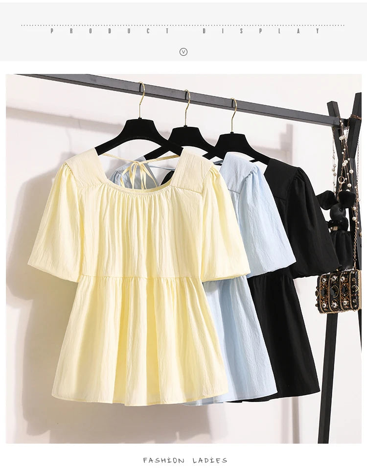 Plus Size Shirts & Blouses Women Summer 2025 New Arrival Korean Fashion Tops Short Puff Sleeve Loose Sweet Blouse Woman L-4XL