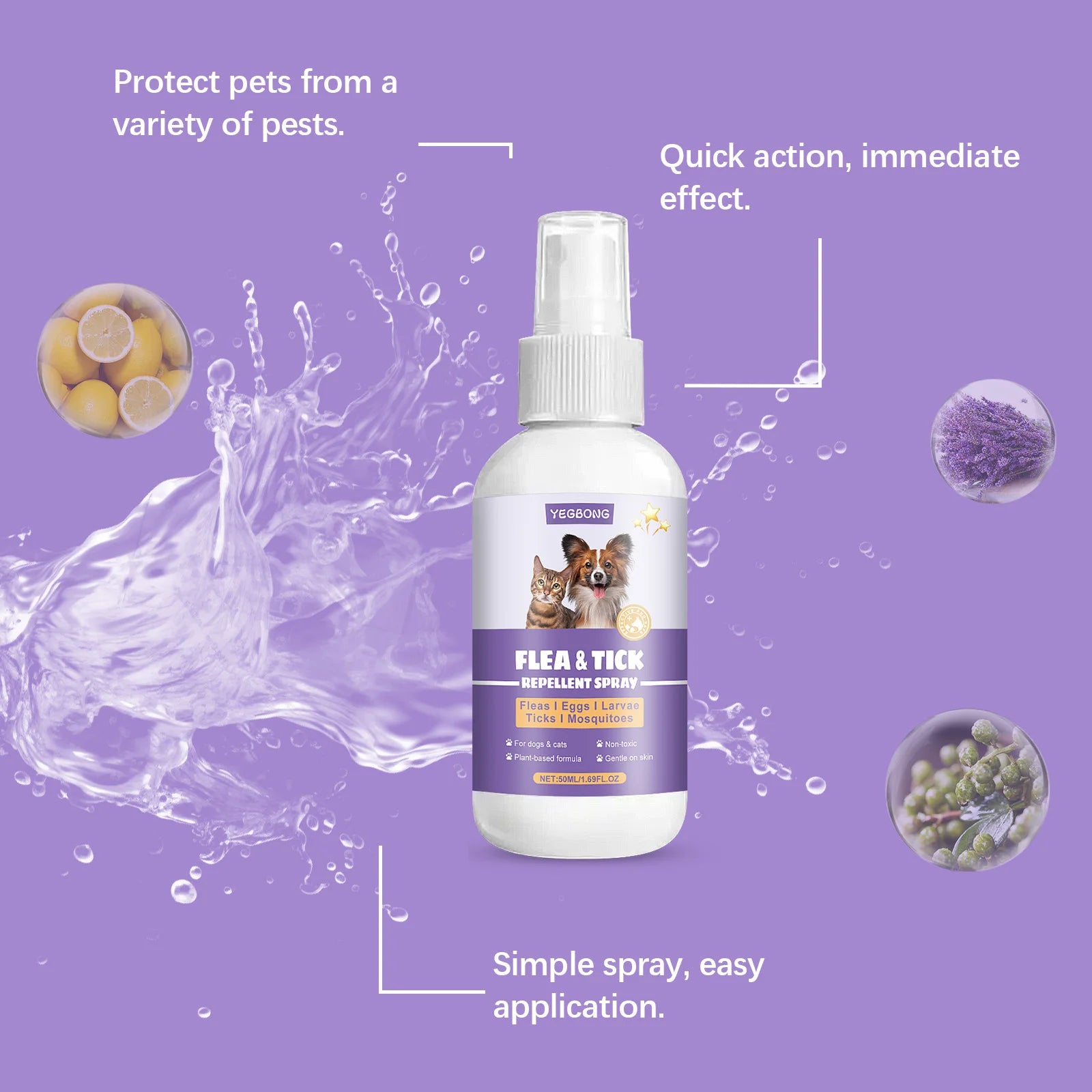 YEGBONG 50ml Flea Tick Prevention Spray for Dogs and Cats Fast-Acting Waterproof Outdoor Protection with Natural Essential Oils