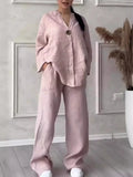 Cotton Linen Sets Two 2 Pieces Sale Casual Long Sleeve Button Loose Blouse Shirt & High Elastic Wide Leg Loose Pant Suits NMD-3021