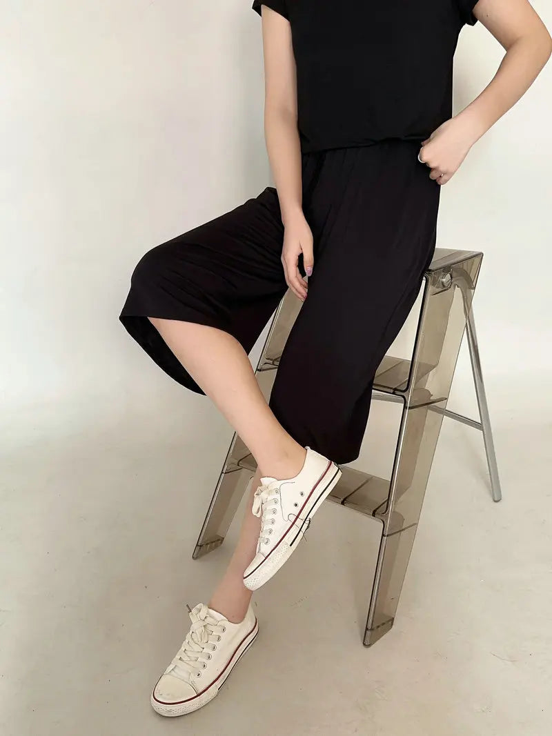 Plus size L to 6XL U-Neck Women's  Modal pant calf-length summer wide leg pants drawstring short pants casual homewear pants