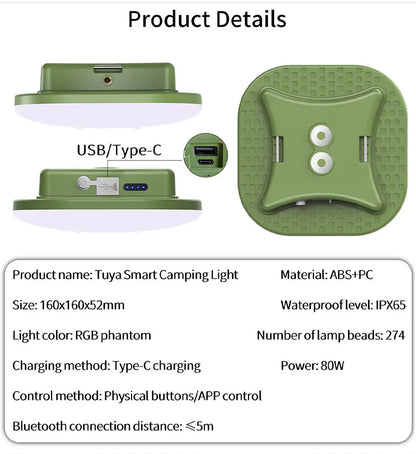 Linterna de camping recargable, luz inteligente, control Bluetooth mediante aplicación Tuya, sincronización de música, iluminación LED RGB para tienda de campaña, 13500 mAh, exterior, 80 W