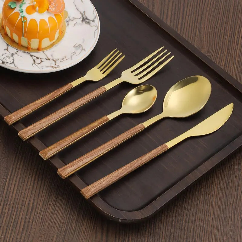 Juego de cubiertos con mango de madera de imitación de acero inoxidable, abrazadera para vajilla occidental, cuchillo, tenedor, cuchara de té, 30 Uds.