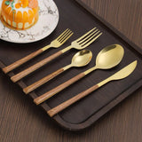 Juego de cubiertos con mango de madera de imitación de acero inoxidable, abrazadera para vajilla occidental, cuchillo, tenedor, cuchara de té, 30 Uds.