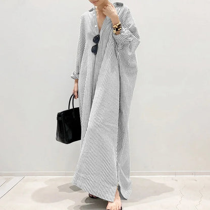 Plus size novo vestido feminino moda listra único breasted camisa solta estilo casual elegante feminino algodão cânhamo vestido longo