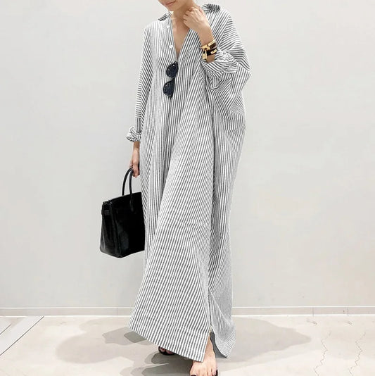 Vestido de talla grande para mujer, nuevo, a la moda, a rayas, con una botonadura, estilo camisa holgada, informal, elegante, de algodón y cáñamo, vestido largo para mujer 