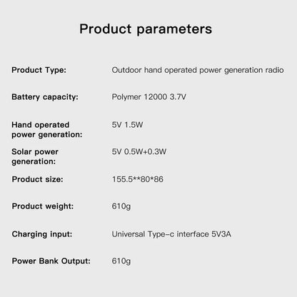 Radio multifunción solar de 12000 mAh con manivela, radio meteorológica de emergencia, lámpara de lectura, banco de energía, alarma SOS para acampar, senderismo, tiendas de campaña