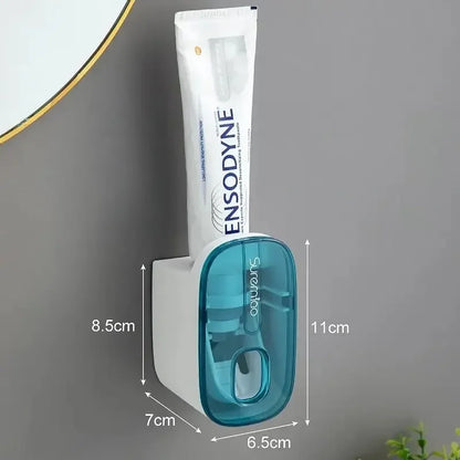 1 dispensador de pasta de dientes, accesorio de baño, exprimidor de pasta de dientes de pared, soporte para cepillo de dientes.