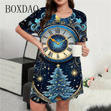Vestido mini con estampado navideño para mujer, cuello redondo, manga corta, corte A, suelto, talla grande, ropa informal de verano, moda 9XL 