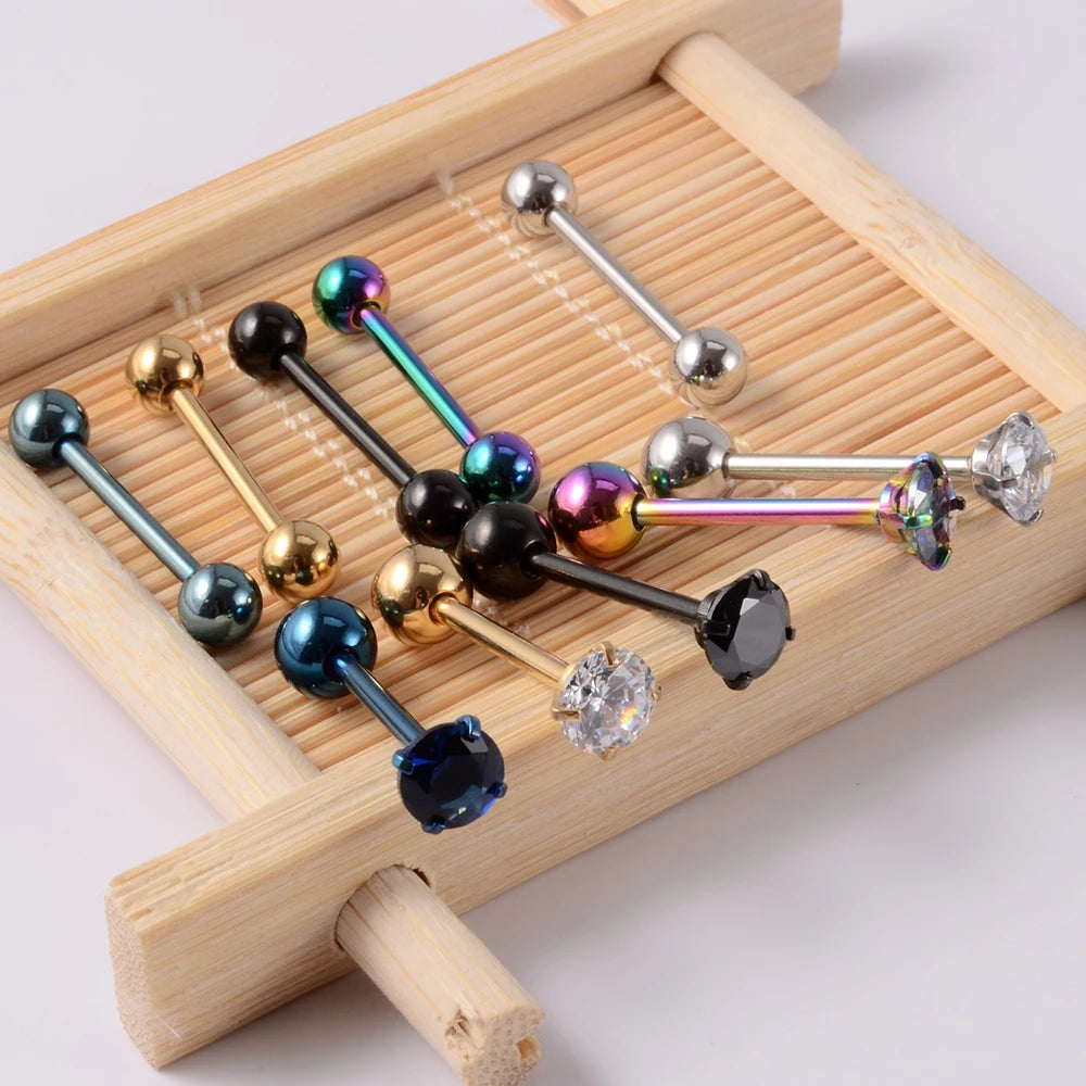 2 piercings de lengua de acero quirúrgico antialérgicos con circonitas y bola, joyería de moda.