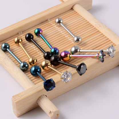 2 piercings de lengua de acero quirúrgico antialérgicos con circonitas y bola, joyería de moda.