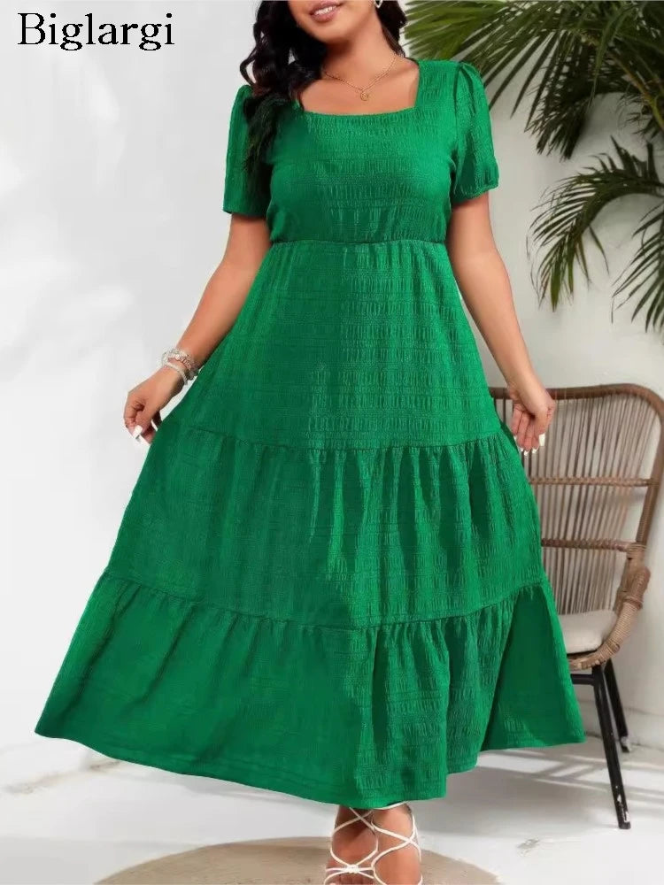 Plus size verão vestido longo feminino gola quadrada moda magro cintura alta senhoras vestidos plissado solto vestido de mulher