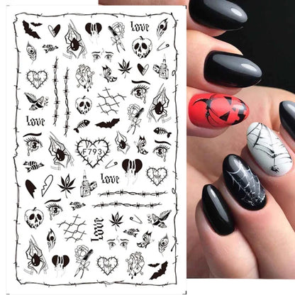 Cinturón negro 5D pegatinas en relieve gótico Halloween estilete calabaza calavera telaraña cremallera manicura uñas gel autoadhesivo decoración
