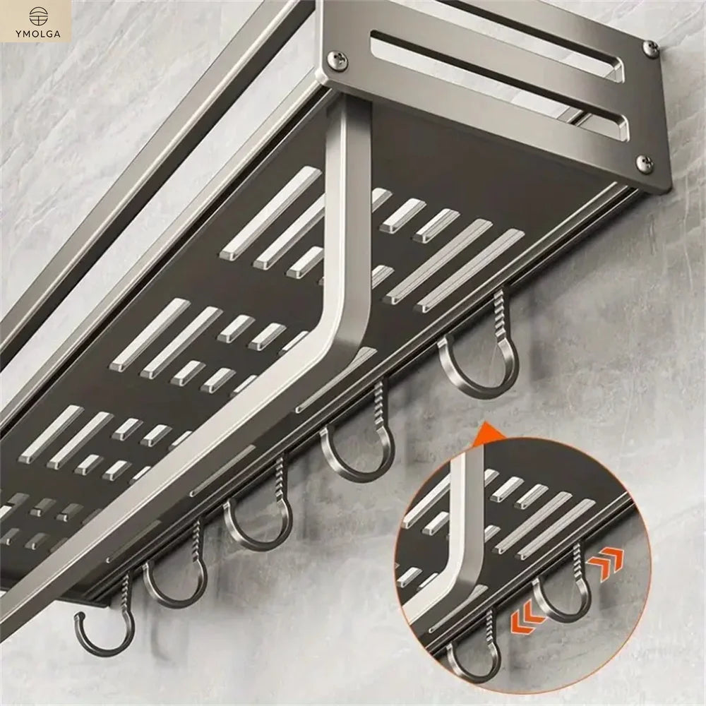 YMOLGA 1/2pcs Aluminum Wall-Mounted Spice Rack Multifunctional Item Shelf Kitchen Tools Hooks Kitchen Condiment Storage Rack