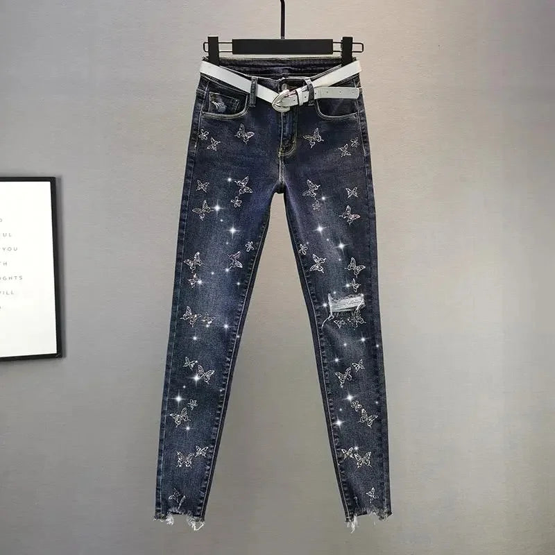 Spring Summer 2024 New Fashion Women's Denim Pants Korean Version Elastic Rhinestone High Waist Skinny Jeans