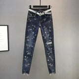 Spring Summer 2024 New Fashion Women's Denim Pants Korean Version Elastic Rhinestone High Waist Skinny Jeans