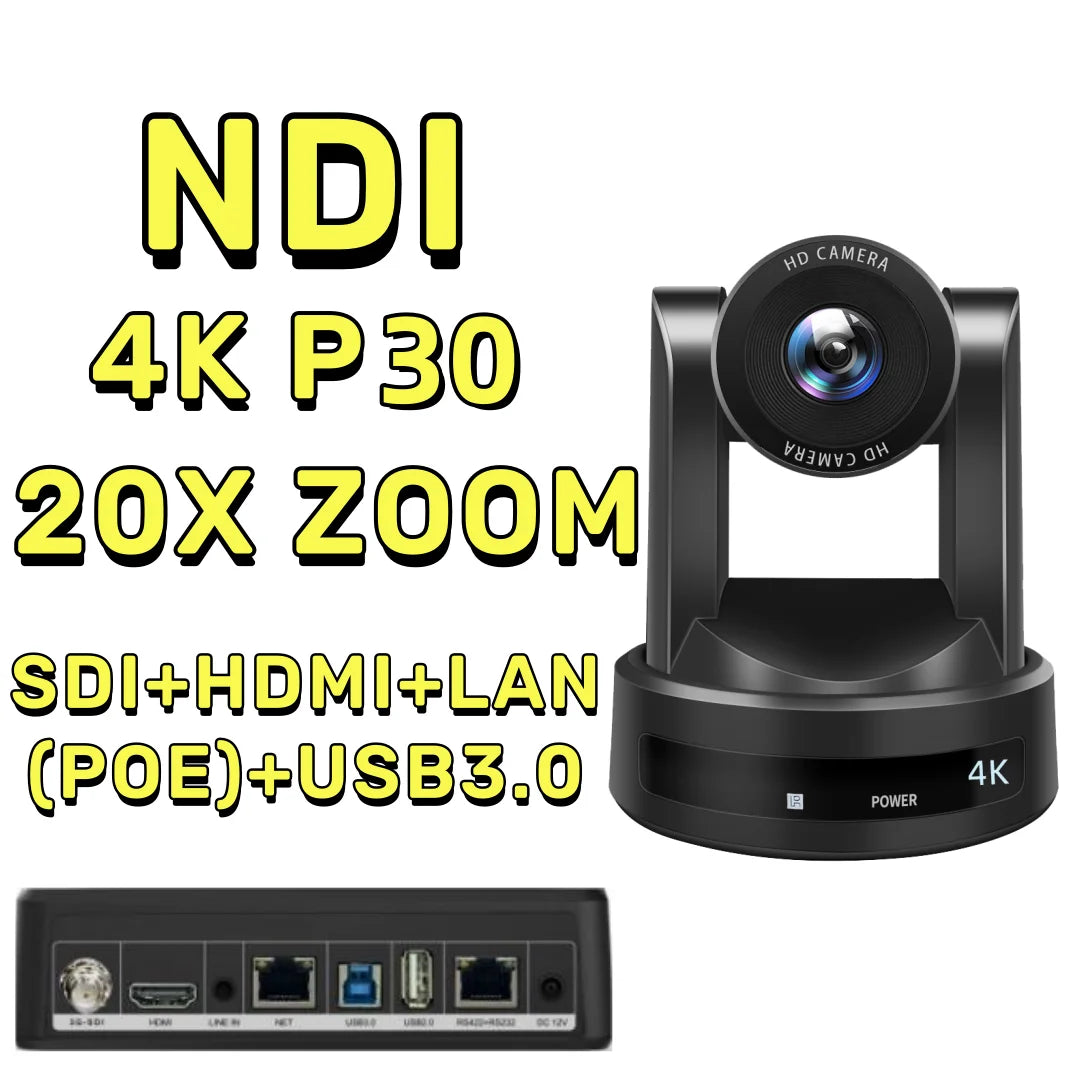 4K/1080P SDI NDI PTZ Camera 10X/20X Optical Zoom, HDMI/USB/POE | IP Live Streaming Camera for Church/Meeting/Broadcast (Youtube)