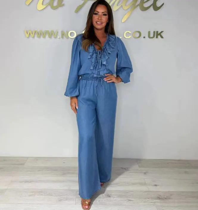 Casual Fashion Women's Set Temperament Lotus Leaf Collar Long Sleeve Top High Waist Wide Pants Denim Set 2025 Autumn New Style