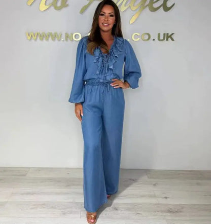 Casual Fashion Women's Set Temperament Lotus Leaf Collar Long Sleeve Top High Waist Wide Pants Denim Set 2025 Autumn New Style