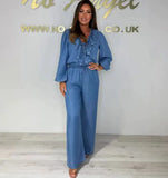 Casual Fashion Women's Set Temperament Lotus Leaf Collar Long Sleeve Top High Waist Wide Pants Denim Set 2025 Autumn New Style