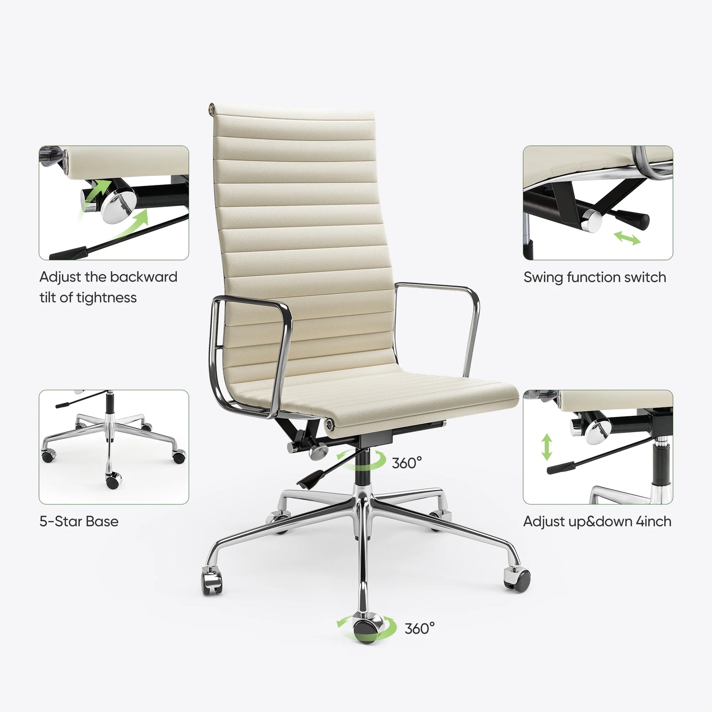 Mid Back Ribbed Office Chair White Genuine Leather Desk Chair Adjustable Ergonomic Computer Desk Chair for Study Office