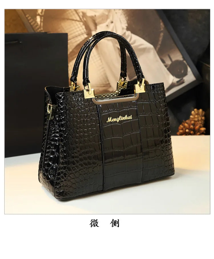 2023 New Luxury Crocodile Bag for Women Casual Tote High Qualtiy Patent Leather Shoulder Purses Elegant Dinner Noble Purse Black