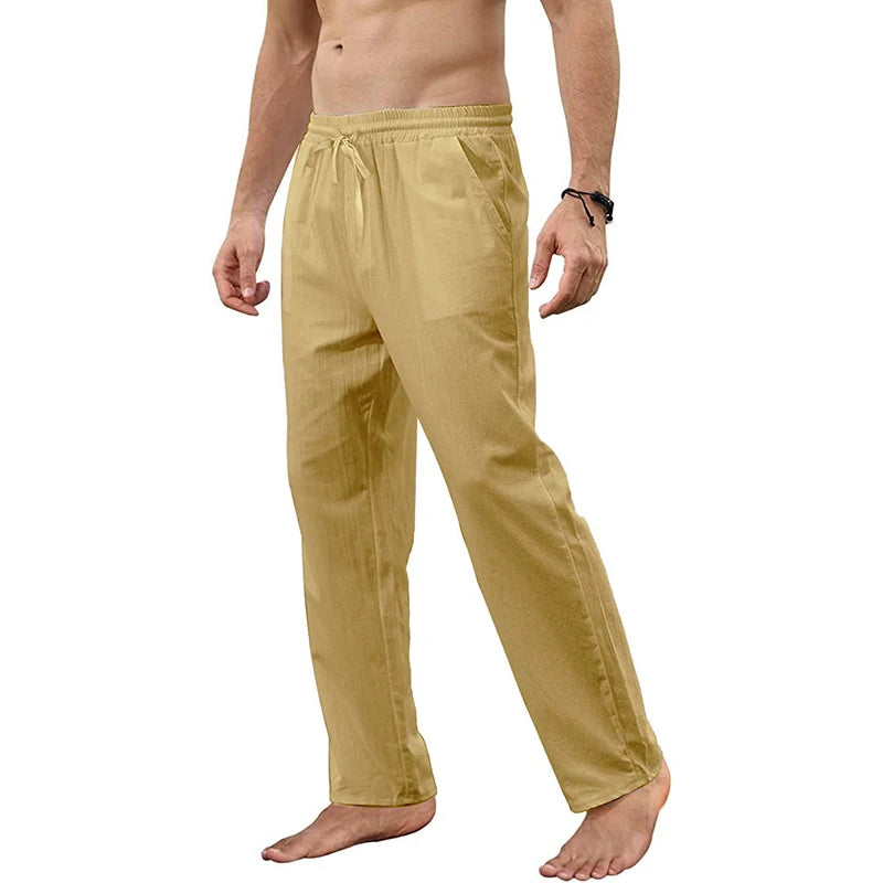 Men's Cotton Linen Pants Loose Breathable Casual Solid Color Long Pants Large Size Streetwear Fitness Lightweight Yoga Trousers
