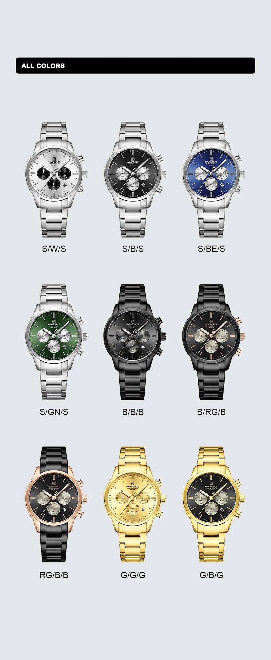 NAVIFORCE NF8076 Sports Watches for Men Stainless Steel Strap Quartz 3ATM Waterproof Shockproof New Fashionable Watch