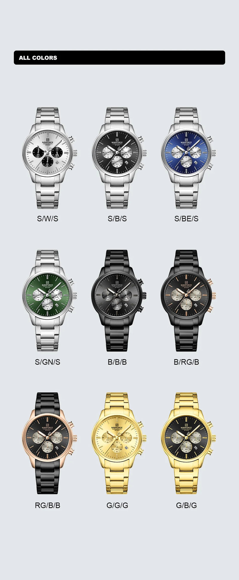 NAVIFORCE NF8076 Sports Watches for Men Stainless Strap Quartz 3ATM Waterproof Shockproof New Fashionable Clock