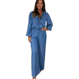 Casual Fashion Women's Set Temperament Lotus Leaf Collar Long Sleeve Top High Waist Wide Pants Denim Set 2025 Autumn New Style
