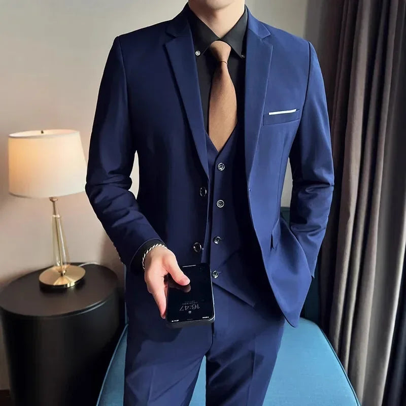 Men's Fashionable Gentleman Business British Style Solid Color Banquet Host Casual Wedding Suit (Blazer + Vest + Trousers)