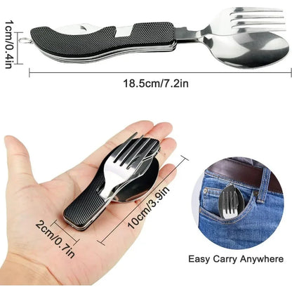 7 in 1 Multifunctional Outdoor Tableware Survival Tools Stainless Steel Foldable Fork Spoon Knife Picnic Camping Dinnerware