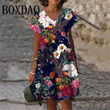 Plant Flowers Pattern Dresses Summer Women Clothing Fashion Plus Size Short Sleeve 3D Print Dress Casual Retro V-Neck Dress 6XL