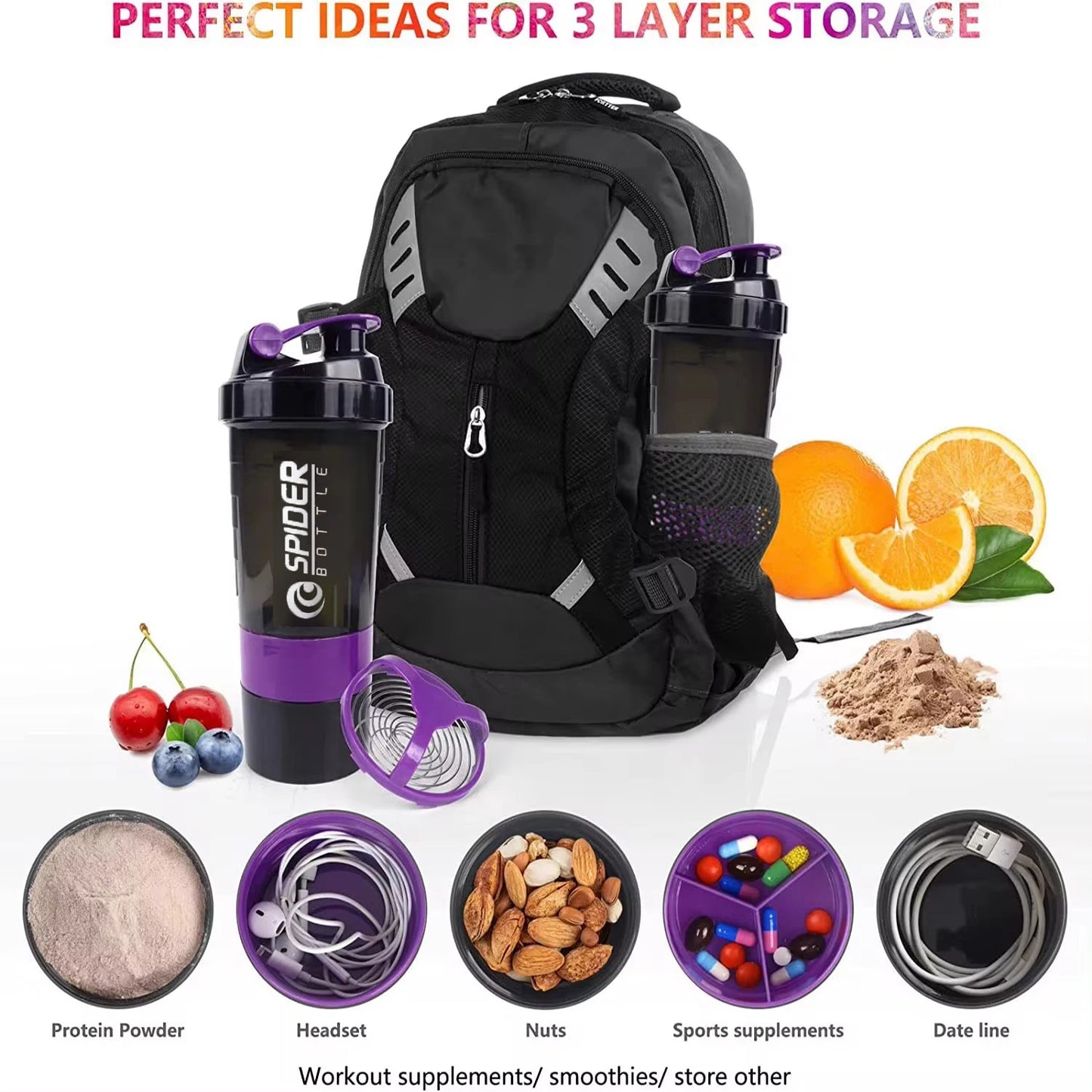 3 Layers Protein Shaker Bottles with Mix Ball Leak Proof Water Bottle for Protein Mixes with Powder Storage and Pill Organizer