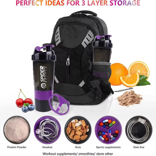 3-Layer Protein Shaker Bottle with Mixing Ball, Leakproof Water Bottle for Protein Mixes with Powder Storage and Pill Organizer