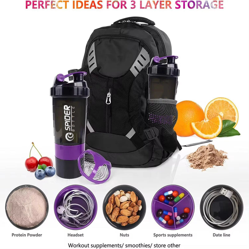 3 Layers Protein Shaker Bottles with Mix Ball Leak Proof Water Bottle for Protein Mixes with Powder Storage and Pill Organizer