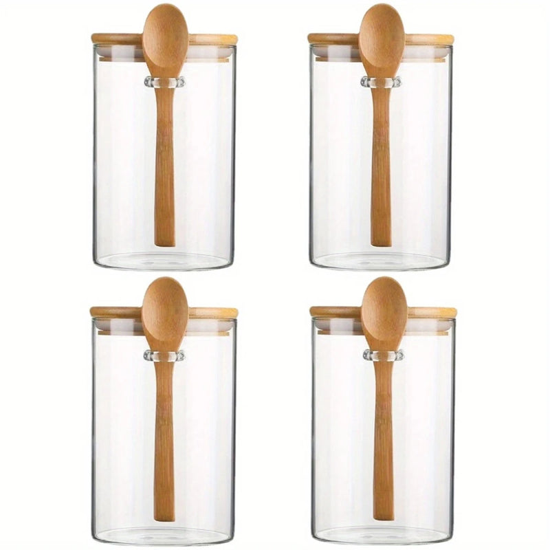 1/2/3/4pcs Airtight Glass Jars with Bamboo Lids and Spoons 18oz Transparent Glass Bulk Food Storage Jar for Spices, Beans, Tea