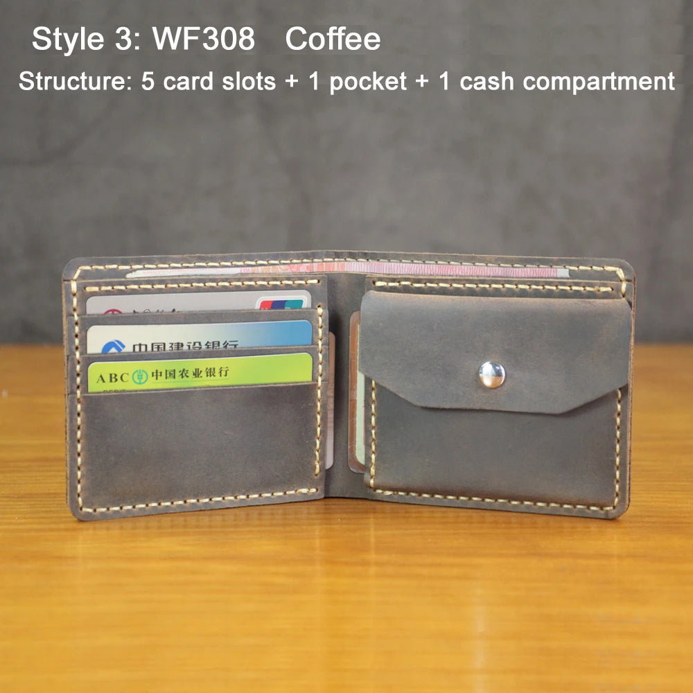 Luxury Handmade Genuine Leather Men Wallet Bifold Purse Male Wallets Short Money Clip Vintage Leather Money Bag with zip pocket