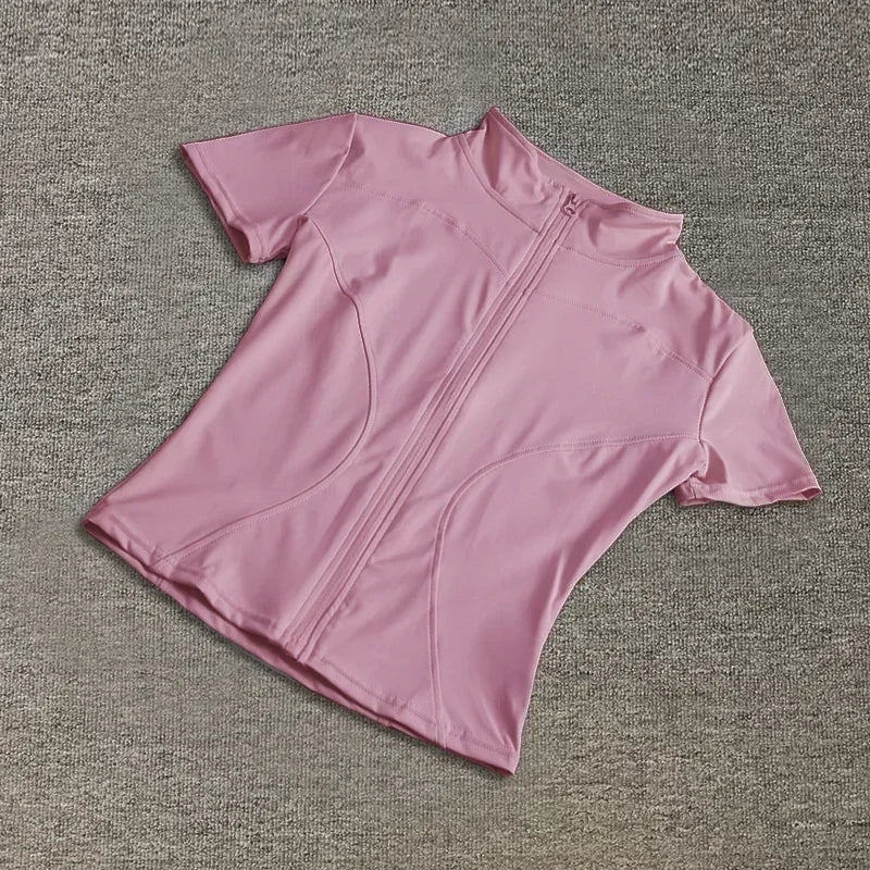 Summer High Quality Waist Slimming Training Tops Women's Quick-drying Tight Stand Collar Full Zipper Short Sleeves Yoga shirts