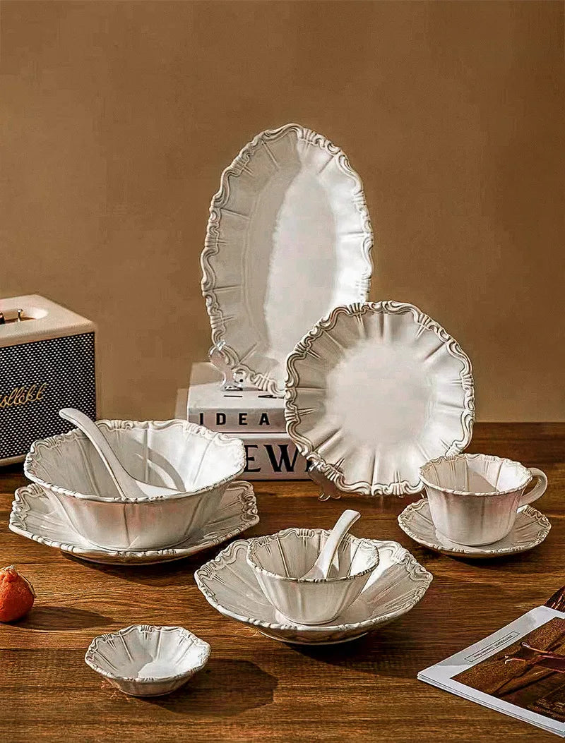 Elegant Classical Plate French Retro Ceramic Dishes Home Plate Rice Bowl Party Tableware Set White Lace Embossed Dinner Plate