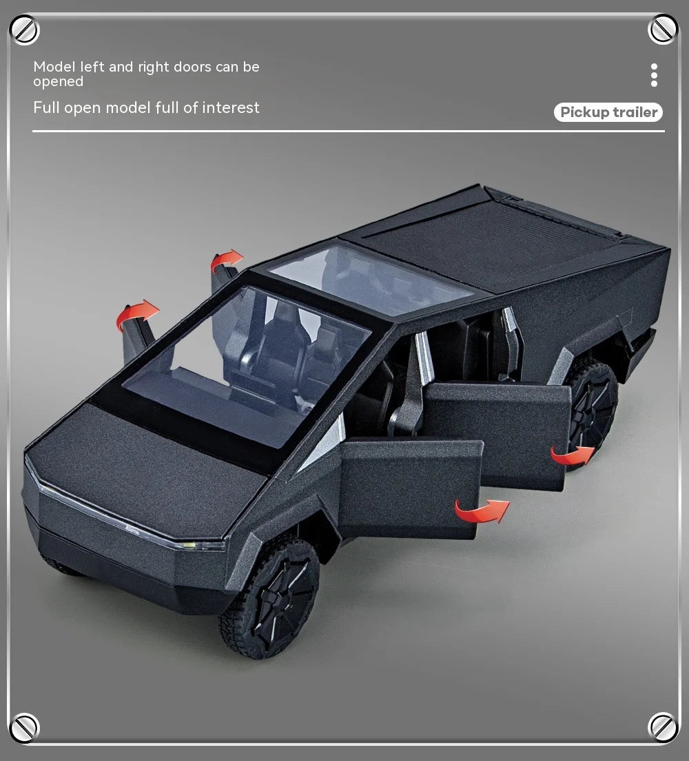 Camiones de juguete para niños, modelo Cybertruck, camioneta plateada, de metal fundido a presión, con sonido y luz, a partir de 3 años, escala 1:32.